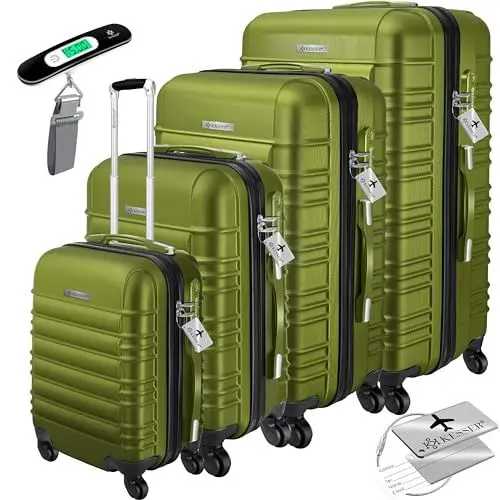 Produktbild: KESSER® 4pcs Hartschalenkoffer Reisekoffer Set Trolley Koffer inkl. Gepäckwaage + Gepäckanhänger rollendes Kofferschloss, 4 Rollen ABS, Hartschale Teleskopgriff S-M-L-XL, kaki, S-M-L-XL, Trolley
