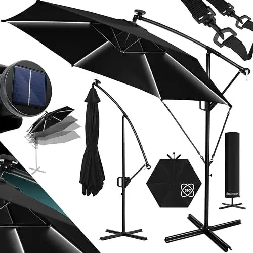 Produktbild: KESSER® Alu Ampelschirm LED Solar Ø350cm Inkl. Abdeckung Fernbedienung Kurbelvorrichtung Kurbelschirm mit Ständer 360° Funktion UV-Schutz Aluminium Wasserabweisend Garten-Schirm Marktschirm Schwarz