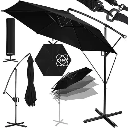 Produktbild: KESSER® Alu Ampelschirm Sonnenschirm + Abdeckung Ø300 cm & Kurbelvorrichtung Kurbelschirm mit Ständer UV-Schutz Aluminium Wasserabweisende Bespannung 360° Funktion Garten-Schirm Marktschirm Schwarz