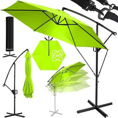 Produktbild: KESSER® Alu Ampelschirm Sonnenschirm + Abdeckung Ø350 cm & Kurbelvorrichtung Kurbelschirm mit Ständer UV-Schutz Aluminium Wasserabweisende Bespannung 360° Funktion Garten-Schirm Marktschirm Hellgrün