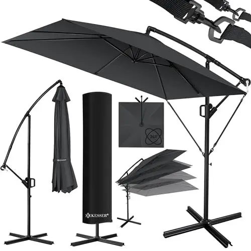 Produktbild: KESSER® Ampelschirm Holly Sonnenschirm Rechteckig inkl. Abdeckung + Windsicherung mit Kurbel | Kurbel-Schirm mit Ständer UV-Schutz Aluminium Wasserabweisend Ø350cm Gartenschirm Marktschirm Anthrazit