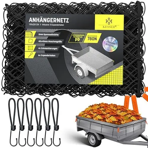 Produktbild: KESSER® Anhängernetz 1,5x2,2m feinmaschig | Hängernetz mit Spannseil & Netzkordel | Containernetz für Ladungssicherung | Sicherungs-Netz Eckmarkierungen Expander-Haken & Befestigungsknöpfen Schwarz