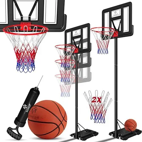 Produktbild: KESSER® Basketballkorb Outdoor mit Ständer & Rollen Inkl. 2x Netze, Basketball & Pumpe | Basketballanlage Höhenverstellbare Korbhöhe 230 bis 305 cm Basketballständer Korbanlage für Erwachsene & Kinder