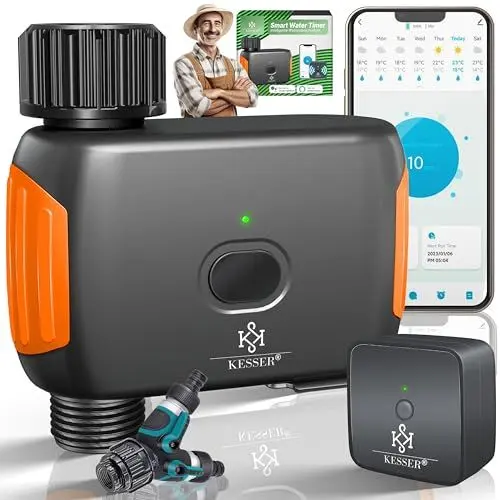 Produktbild: KESSER® Bewässerungssteuerung mit WLAN WiFi | Bewässerungscomputer für Garten & Balkon | Bewässerungssystem mit Zeitschaltuhr | Automatische Bewässerung App & Sprachsteuerung + Y- Verteiler | Orange