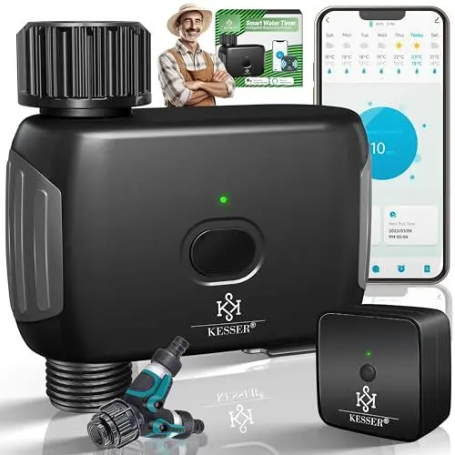 Produktbild: KESSER® Bewässerungssteuerung mit WLAN WiFi | Bewässerungscomputer für Garten & Balkon | Bewässerungssystem mit Zeitschaltuhr | Automatische Bewässerung App & Sprachsteuerung + Y- Verteiler | Schwarz