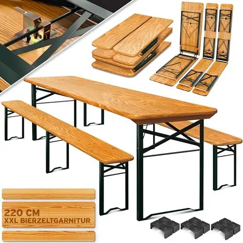 Produktbild: KESSER® Bierzeltgarnitur 3 teilig Gartenmöbel-Set | Klappbar 220 x 50 x 77cm | 2X Bierbänke 1x Biertisch | Festzeltgarnitur Biertisch Stehtisch Sitzgarnitur Holz 16-teiliges Bodenschoner-Set