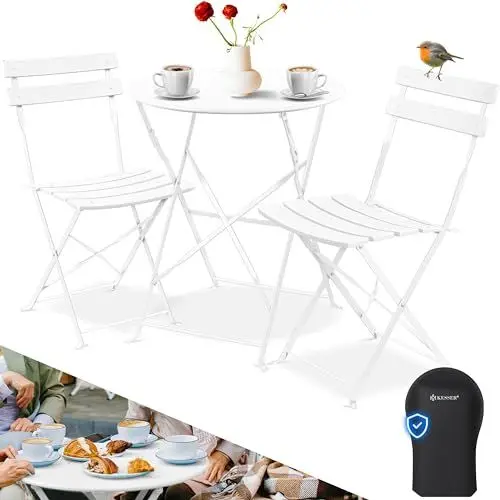 Produktbild: KESSER® Bistroset 3-teilig | Bistrotisch 2 klappbare Stühle Balkonset Balkonmöbel Klapp-Möbel Gartenset Sitzgarnitur Gartengarnitur Gartenmöbel Sitzgruppe Metall | Gartentisch mit Abdeckung Weiß