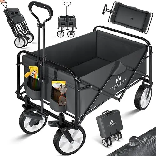Produktbild: KESSER® Bollerwagen faltbar Handwagen Transportkarre Gerätewagen | inkl. 2 Netztaschen, Seitentasche & Cover | klappbar PVC-Reifen bis 80 kg Tragkraft Transportwagen Gartenanhänger ohne Dach Anthrazit