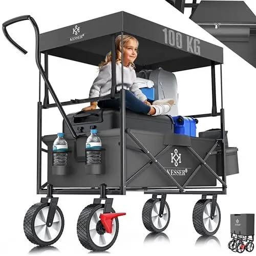 Produktbild: KESSER® Bollerwagen faltbar mit Dach Handwagen Transportkarre Gerätewagen klappbar mit 360° drehbare Vorder-Räder, Vorderrad-Bremse & Vollgummi-Reifen inkl. XXL Außen-Tasche, 2 Netztaschen & Abdeckung