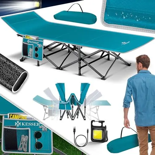 Produktbild: KESSER® Campingbett Feldbett Klappbar Klappbett Campingliege inkl. Tragetasche + Seitentasche 210 x 74 x 35cm bis 250kg Belastbar Metallrohr 600D Oxfordgewebe Stabiles Tragbar Liege Reise Bequem