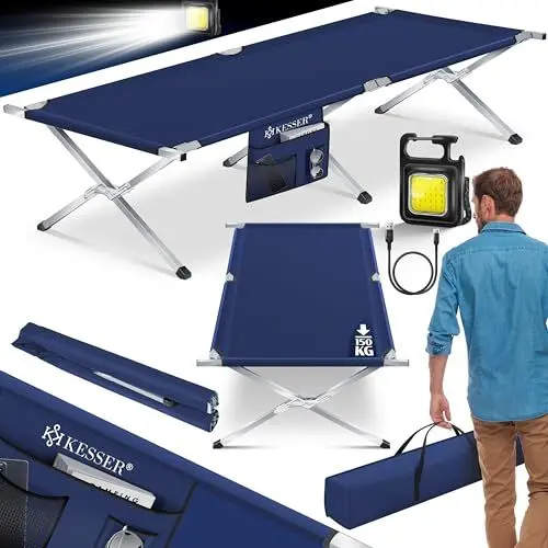 Produktbild: KESSER® Campingbett Klappbett mit Tragetasche, Seitentasche & Campinglicht | Stabiles Feldbett 190x73x45cm bis 150 kg Belastbar Metallrohr | 600D Oxfordgewebe Tragbar Liege Reise Bequem | Navyblau
