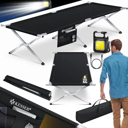 Produktbild: KESSER® Campingbett Klappbett mit Tragetasche, Seitentasche & Campinglicht | Stabiles Feldbett 190x73x45cm bis 150 kg Belastbar Metallrohr | 600D Oxfordgewebe Tragbar Liege Reise Bequem | Schwarz