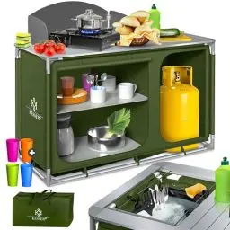 Produktbild: KESSER® Campingküche | Ink. Tragetasche | Campingschrank | mit Aluminiumgestell | Reiseküche | Küchenbox | Zeltschrank | Outdoor Camping Küche | inkl. Becherset | Modelle wählbar Khaki