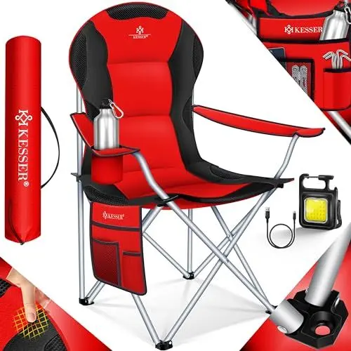 Produktbild: KESSER® Campingstuhl faltbar bis 150 kg Angelstuhl Faltstuhl Klappstuhl Gepolstert mit Armlehnen, hohe Rückenlehne Strandstuhl, Klapphocker inkl. Campinglicht Getränkehalter Tasche & Becher Rot
