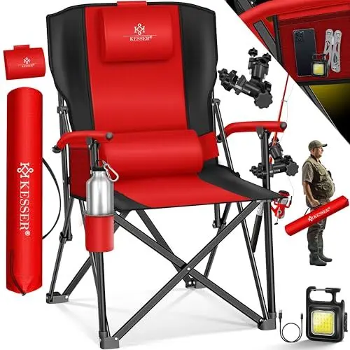 Produktbild: KESSER® Campingstuhl faltbar bis 160 kg | Angelstuhl Faltstuhl Klappstuhl Gepolstert mit Armlehnen | Campinglicht und Getränkehalter + Tasche mit hoher Rückenlehne | Strandstuhl mit Angelhalterung