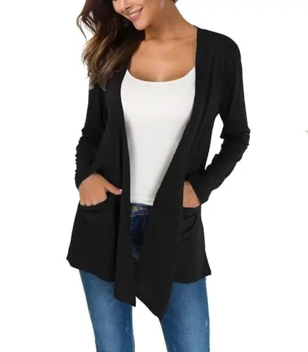 Produktbild: KESSER Casual Basic Lang Strickjacke Für Damen Hat Zwei Taschen Langarm Offene Vorderseite Schlanke Passform Modisch Und Vielseitig Cardigan Weich Und Dün Schwarz L