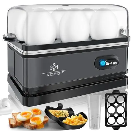 Produktbild: KESSER® Eierkocher für 1 bis 6 Eier elektrisch aus Edelstahl 400W & Warmhaltefunktion | Kipp-Funktionsschalter drei Härtegrade | BPA-Frei & Spülmaschinenfest | Messbecher & 2x Omlettschalen, Anthrazit