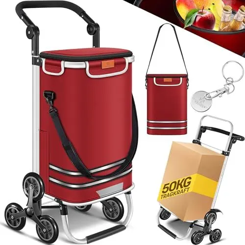 Produktbild: KESSER® Einkaufstrolley Treppensteiger mit Kühlfach klappbar mit 56L Kapazität und belastbar bis 50kg | 3in1 Trolley Sackkarre & Umhängetasche | Faltbarer Einkaufswagen inkl. Einkaufschip, Bordeaux