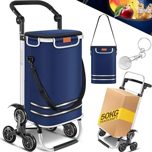 Produktbild: KESSER® Einkaufstrolley Treppensteiger mit Kühlfach klappbar mit 56L Kapazität und belastbar bis 50kg | 3in1 Trolley Sackkarre & Umhängetasche | Faltbarer Einkaufswagen inkl. Einkaufschip, Navyblau