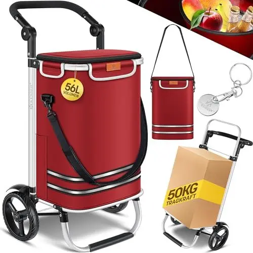 Produktbild: KESSER® Einkaufstrolley klappbar mit 56L Kapazität und belastbar bis 50kg | 3in1 Trolley Sackkarre & Umhängetasche | Faltbarer Einkaufswagen inkl. Kühlfach & Einkaufschip | Bordeaux Rot