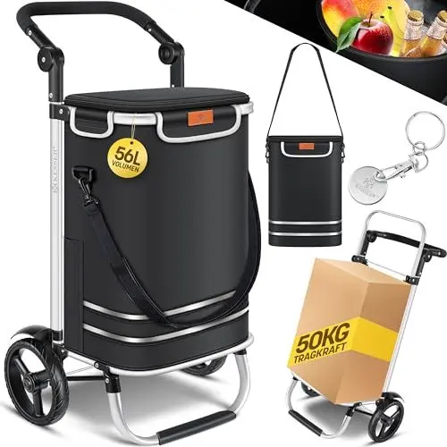 Produktbild: KESSER® Einkaufstrolley klappbar mit 56L Kapazität und belastbar bis 50kg | 3in1 Trolley Sackkarre & Umhängetasche | Faltbarer Einkaufswagen inkl. Kühlfach & Einkaufschip | Treppensteiger Schwarz