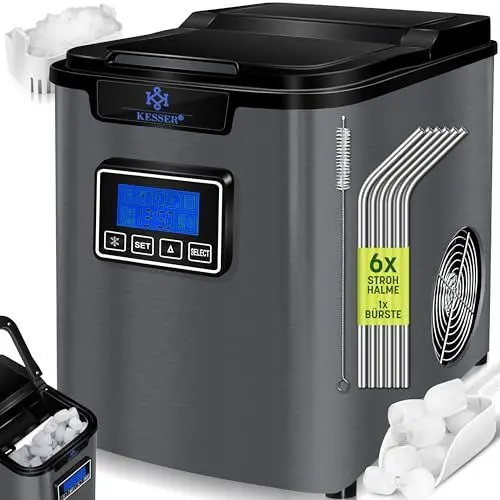 Produktbild: KESSER® Eiswürfelbereiter | Eiswürfelmaschine Edelstahl | 150W Ice Maker | 12 kg 24 h | 3 Würfelgrößen | Zubereitung in 7 min | 2,2 Liter Wassertank | Timer | LCD-Display | Inkl. Zubehör, Anthrazit