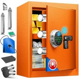Produktbild: KESSER® Elektr. Tresor mit Fingerabdruck & Schlüssel XL | Inkl. Notfallakku | Elektronischer Safe | 3x Doppelbolzenverriegelung | Boden Wandtresor | Möbeltresor | Panzerschrank Zahlenschloss Orange