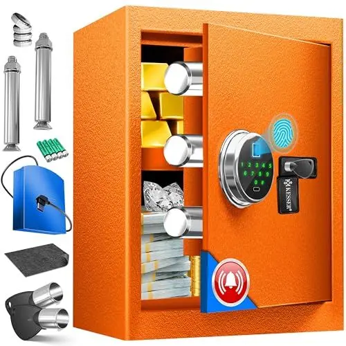 Produktbild: KESSER® Elektr. Tresor mit Fingerabdruck & Schlüssel XL | Inkl. Notfallakku | Elektronischer Safe | 3x Doppelbolzenverriegelung | Boden Wandtresor | Möbeltresor | Panzerschrank Zahlenschloss Orange