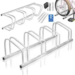 Produktbild: KESSER® Fahrradständer für 4 Fahrräder inkl. Parkschild | Mehrfachständer mit 37cm Radabstand für 30-65mm Reifenbreite | Fahrradhalter Aufstellständer für Boden- oder Wandmontage | Radständer Silber