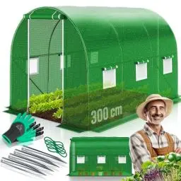 Produktbild: KESSER® Folien-Gewächshaus Stabil mit 6 Fenster mit Moskitonetz & Tür | Gartentunnel mit Rahmen aus verzinktem Stahl | Folientunnel 170g/m² inkl. Erdanker Handschuhen & Seilen | 200x300cm Grün