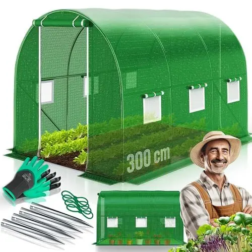 Produktbild: KESSER® Folien-Gewächshaus Stabil mit 6 Fenster mit Moskitonetz & Tür | Gartentunnel mit Rahmen aus verzinktem Stahl | Folientunnel 170g/m² inkl. Erdanker Handschuhen & Seilen | 200x300cm Grün