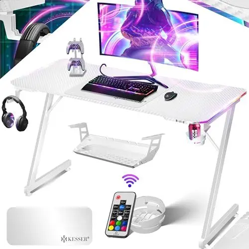 Produktbild: KESSER® Gaming Tisch LED 140cm x 60cm | Z-Form Gamer Schreibtisch | Kopfhörerhaken & Kohlebeschichtung | Ergonomischer PC Computertisch | Stabiler Tisch & Getränkehalter Weiß