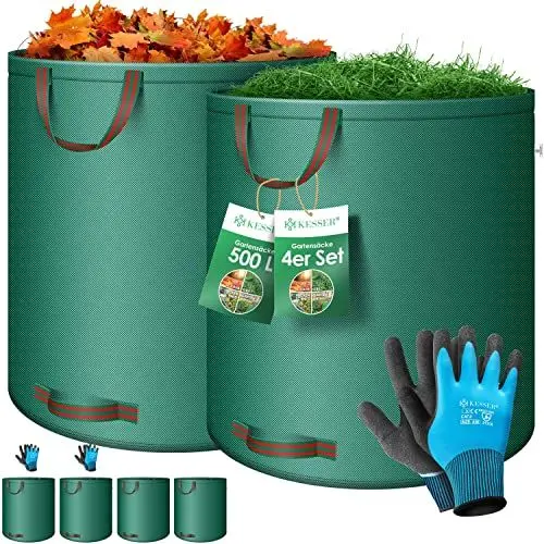 Produktbild: KESSER® Gartensack 4x 500L Set Laubsack Gartenabfallsack inkl. Handschuhe - Selbststehend 4 Griffe Stabil Robust & Faltbar - Laubsäcke Rasenschnitt Gartensäcke für Gartenabfälle Grünschnitt Grün