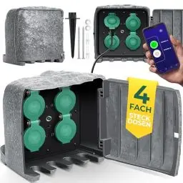 Produktbild: KESSER® Gartensteckdose Steinoptik mit 4 Steckplätzen - mit WiFi Funktion Steuerung per App - Inkl.Erdspieß, Mehrfachsteckdosen aussen mit 3m Verlängerungskabel Außensteckdose IP44 Dämmerungssensor