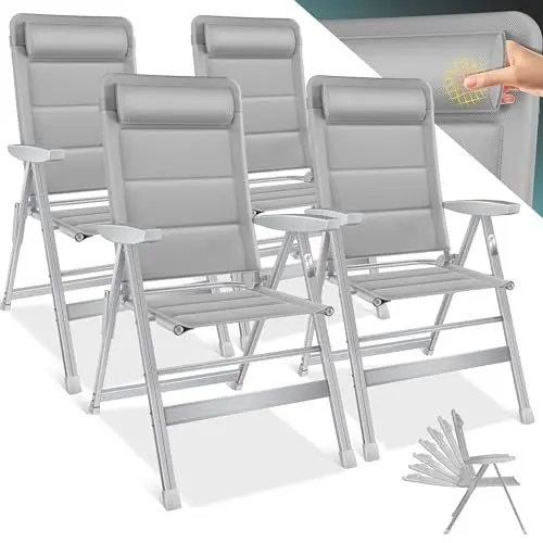 Produktbild: KESSER® Gartenstuhl Hochlehner mit Armlehnen 4er Set | Aluminium Klappstuhl inkl. Kopfkissen Campingstuhl 7-Fach Verstellbar Rückenlehne | Atmungsaktiv & Wetterfest | Klappbar & Anti-Rutsch Grau