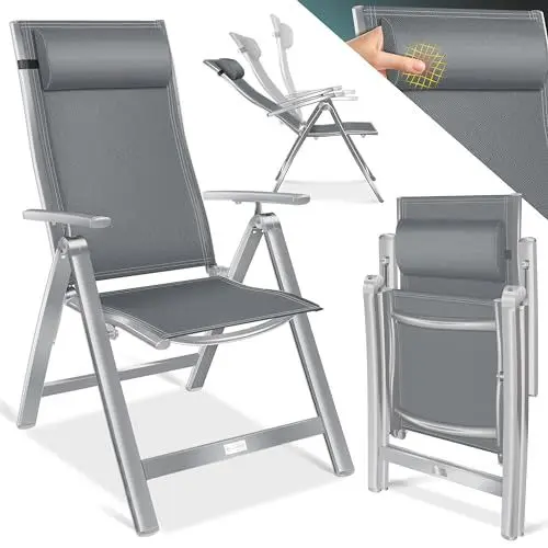 Produktbild: KESSER® Gartenstuhl Hochlehner mit Armlehnen Aluminium Klappstuhl mit Kopfkissen & Abdeckung Campingstuhl 7-Fach Verstellbar Rückenlehne Atmungsaktiv & Wetterfest Klappbar & Anti-Rutsch Hellgrau