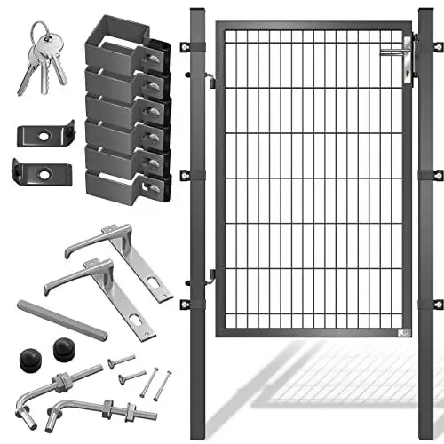 Produktbild: KESSER® Gartentor Premium Gartentür aus Metall verzinktem Stahl, Gartentür für Stabmattenzau Zauntor, Hoftor, inkl. Pfosten mit Schloss Türklinke und Schlüssel, 140 x 106cm Anthrazit