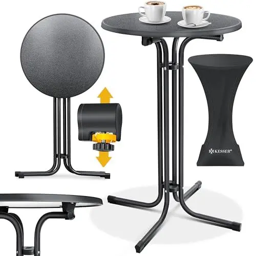 Produktbild: KESSER® Gastro Stehtisch klappbar Bistrotisch | Pulverbeschichtete Edelstahlplatte | höhenverstellbare Füße | Partytisch Tisch Ø 70cm | In- & Outdoor | Empfangstisch | Klapptisch inkl. Husse Schwarz