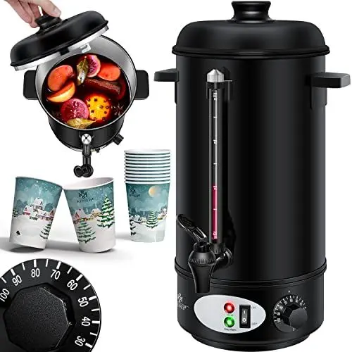 Produktbild: KESSER® Glühweinkessel 8L Edelstahl Inkl. 10x Becher Glühweinkocher mit Thermostat Glühweinautomat Heißgetränkeautomat Wasserkocher Heißwasserspender Einkochautomat Füllstandanzeige Zapfhahn Schwarz