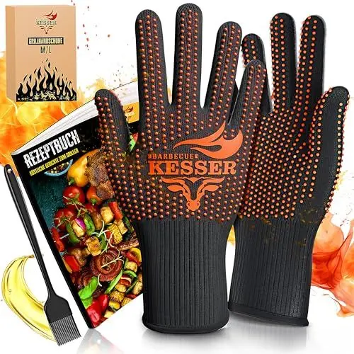 Produktbild: KESSER® Grillhandschuhe XXL, auch für Topf und Kamin, hitzebeständig bis 500°, atmungsaktiv, Rutschfester Griff, Aramid-Gewebe, maschinenwaschbar, inkl. Rezeptbuch & Kochpinsel, Größe M-L, Orange