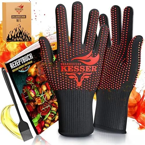 Produktbild: KESSER® Grillhandschuhe XXL, auch für Topf und Kamin, hitzebeständig bis 500°, atmungsaktiv, Rutschfester Griff, Aramid-Gewebe, maschinenwaschbar, inkl. Rezeptbuch & Kochpinsel, Größe M-L, Rot