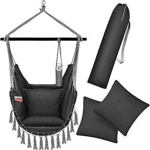 Produktbild: KESSER® Hängesessel Safari XXL Hängestuhl für Erwachsene & Kinder Hängematte bis 150 kg Hängesitz Aufhängung Indoor-Outdoor-Wohnen Inkl. Tragetasche, 2 Kissen, Getränkehalter & Bücherfach, Anthrazit