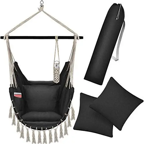 Produktbild: KESSER® Hängesessel Safari XXL Hängestuhl für Erwachsene & Kinder Hängematte bis 150 kg Hängesitz Aufhängung Indoor-Outdoor-Wohnen Inkl. Tragetasche, 2 Kissen, Getränkehalter & Bücherfach, Schwarz