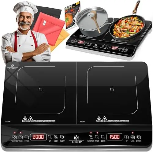 Produktbild: KESSER® Induktionskochplatte Induktionskochfeld 2 Platten 3500W Tragbares 57cm Kochplatte + 3x Mikrofasertuch + 1x Rezeptbuch, 8 Heizstufen, 4-Stunden-Timer, Touch-Steuerung, Booster-Funktion 220-240V