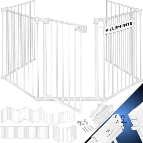 Produktbild: KESSER® Kaminschutzgitter mit Tür 540 cm Metall Ofenschutzgitter Laufgitter Laufstall Absperrgitter Tierschutzgitter Türschutzgitter für Kinder-Sicherung, 9-teilig Elemente (je 60 x 75 cm) Weiß