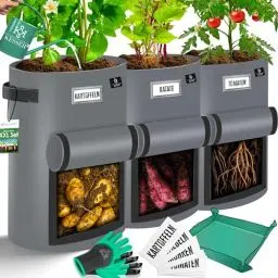 Produktbild: KESSER® Kartoffel-Pflanzsack 3-Set 27L | Kartoffel-Pflanzbeutel aus Vlies mit Namensschildern | Pflanztasche mit Fenster & Griffen | Kartoffelpflanzgefäß waschbar mit Handschuhen & Arbeitsmatte Grau