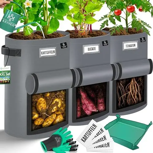 Produktbild: KESSER® Kartoffel-Pflanzsack 3-Set 38L | Kartoffel-Pflanzbeutel aus Vlies mit Namensschildern | Pflanztasche mit Fenster & Griffen | Kartoffelpflanzgefäß waschbar mit Handschuhen & Arbeitsmatte Grau