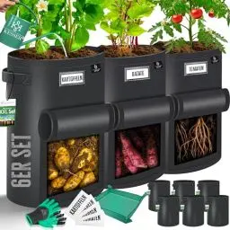 Produktbild: KESSER® Kartoffel-Pflanzsack 6-Set 38L | Kartoffel-Pflanzbeutel aus Vlies mit Namensschildern Pflanztasche mit Fenster & Griffen | Kartoffelpflanzgefäß waschbar mit Handschuhen & Arbeitsmatte Schwarz