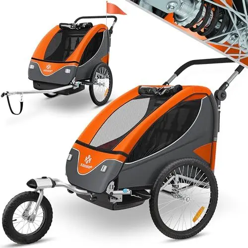Produktbild: KESSER® Kinderanhänger Fahrradanhänger 360° Drehbar mit Federung 2in1 Joggerfunktion Kinderfahrradanhänger + 5-Punkt Gurt Jogger Fahrrad Anhänger für 1 bis 2 Kinder max. 40kg Inkl. Warnfahne, Orange