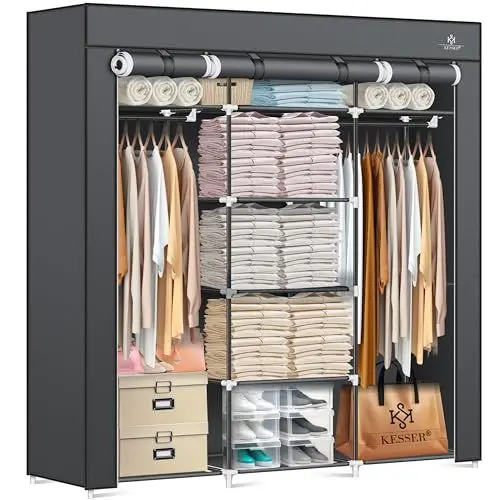 Produktbild: KESSER® Kleiderschrank Stoffschrank Stabil mit Kleiderstange & Ablagen, Inkl. 5X Kleiderbügel, Stoff Faltschrank für Schlafzimmer, Ankleidezimmer Garderobe mit Kleiderständer 150x45x175cm Anthrazit